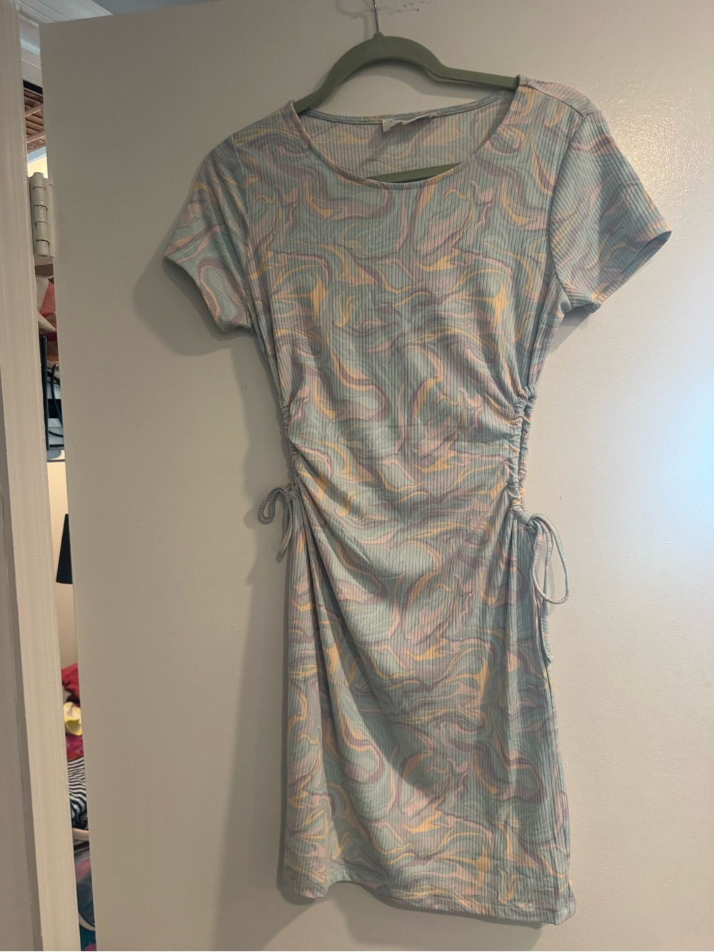 Y2K Ruched Side Pastel Swirl T-Shirt Dress Size Large Multicolor fairycore
